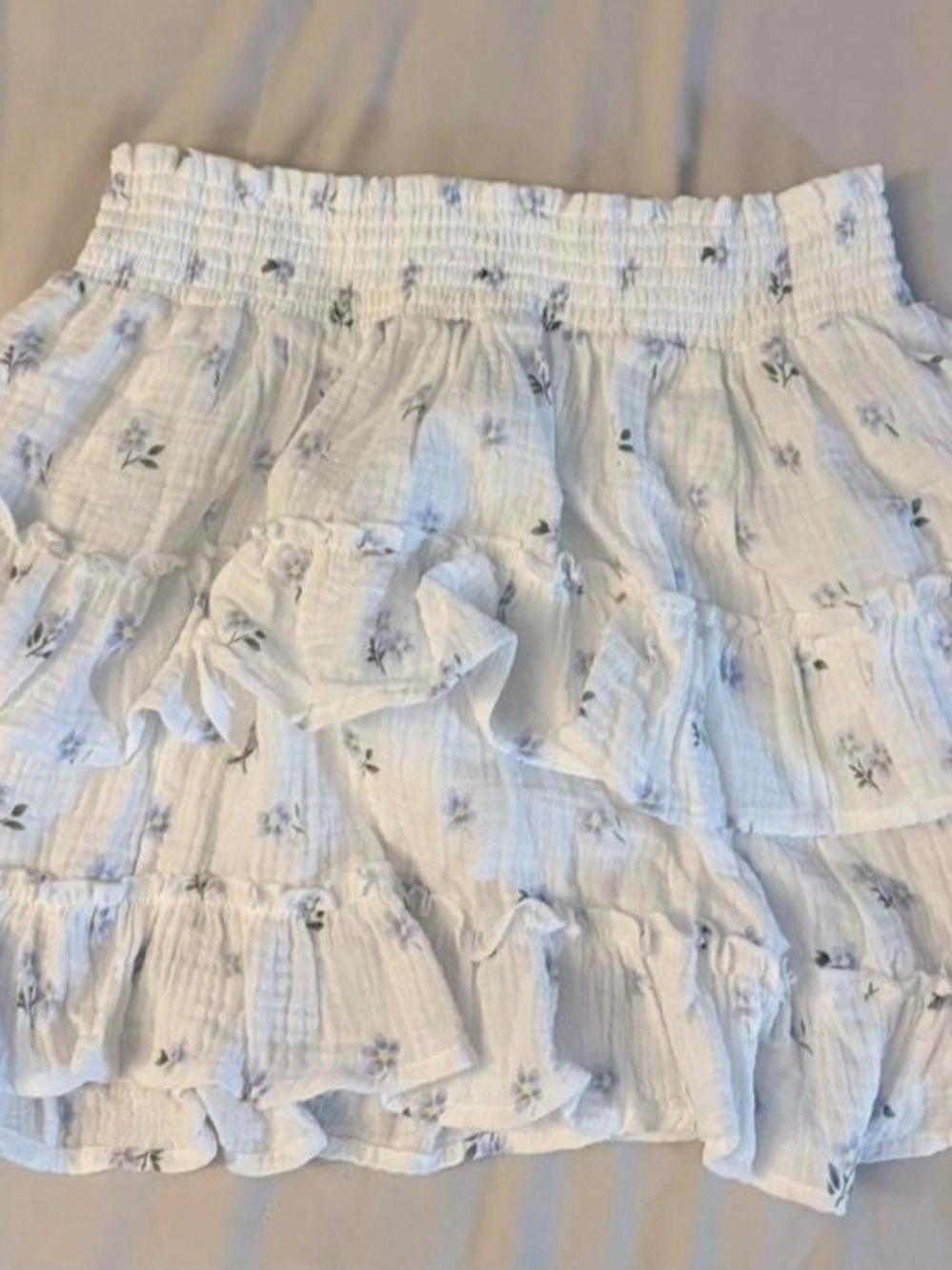 White Mini Skirt with Blue Floral Print and Smocked Waist